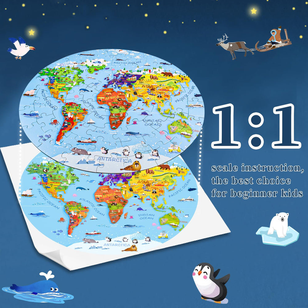 Map pieces feature landmarks, animals, and cultures to spark curiosity.