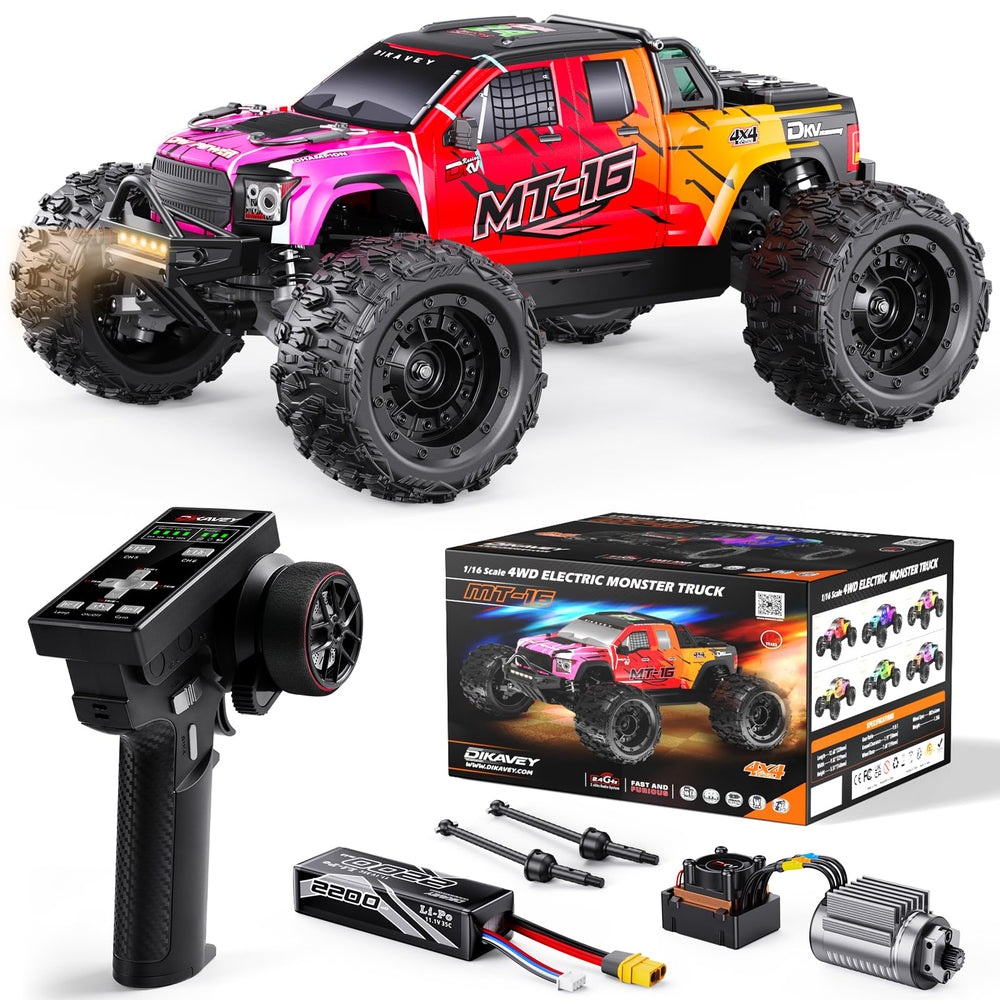 DIKAVEY 1/16 brushless 4WD RC truck front view in gradient red for high-speed off-road thrills.