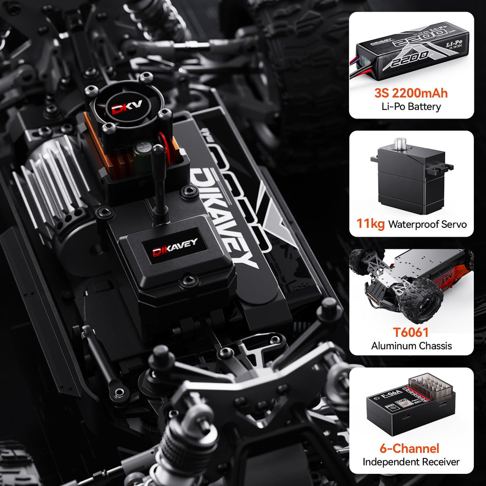 DIKAVEY truggy side profile highlights rugged chassis for all-terrain adventures.