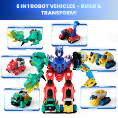 Dimoarch kids assembling dinos, trucks, and the mega robot.
