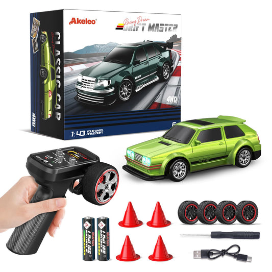 Dingdongwu 1/43 mini RC drift car in lime green speeding on a track.