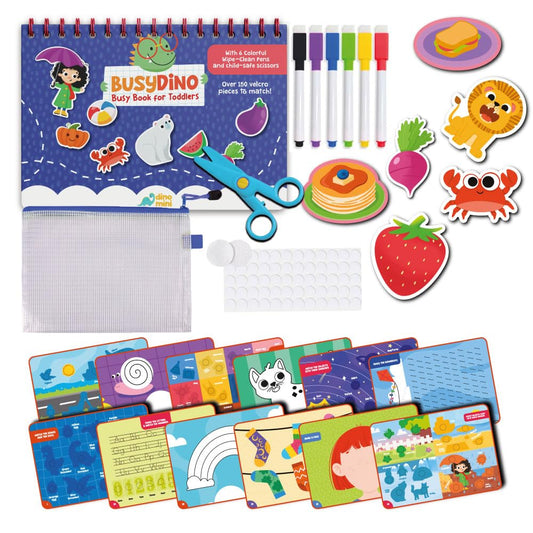Dino Mini BusyDino Busy Book cover showing sturdy Montessori-inspired design for screen-free learning
