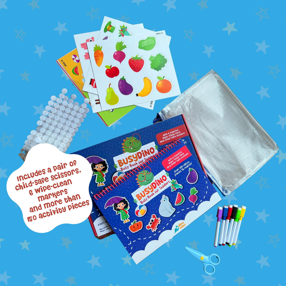 Dino Mini BusyDino Busy Book open pages demonstrating drawing and matching activities for early learning