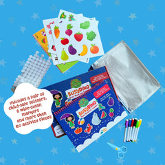 Dino Mini BusyDino Busy Book open pages demonstrating drawing and matching activities for early learning