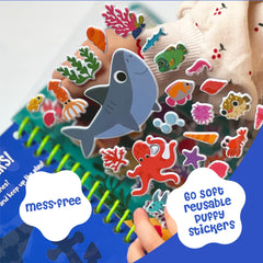 DINO MINI Stickypuff scene 3: colorful stickers sharpen fine motor skills and focus.