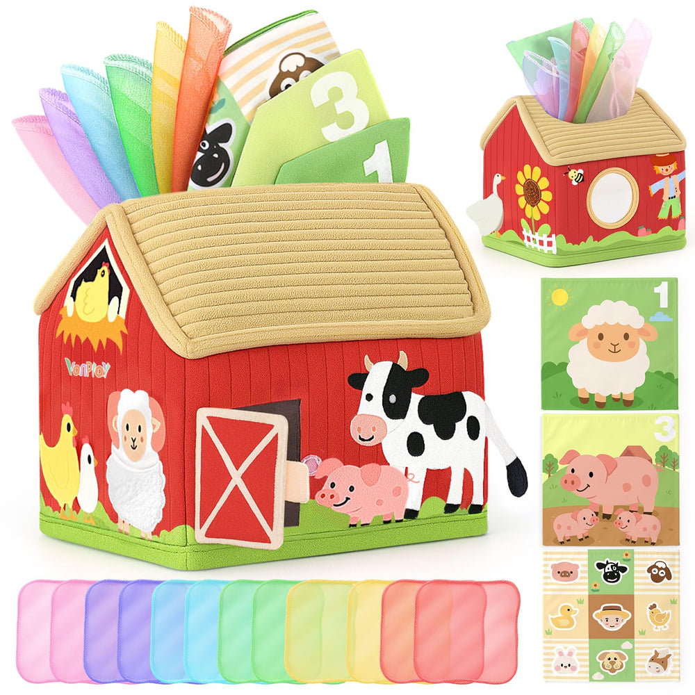 DINORUN Montessori tissue box toy close-up showing crinkle texture and sensory appeal.