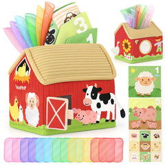 DINORUN Montessori tissue box toy close-up showing crinkle texture and sensory appeal.