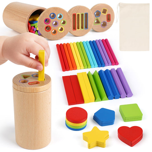 DINORUN wooden Montessori 3-in-1 color-shape toy promotes color recognition and shape matching.