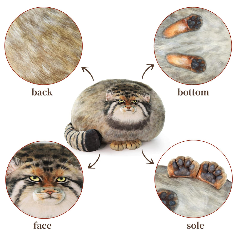 Dinyinor Pallas Cat Plush Pillow face detail highlights realistic features for play.