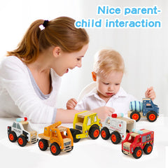 DIPALENT wooden toy set box showcases six vehicles for Montessori-style exploration