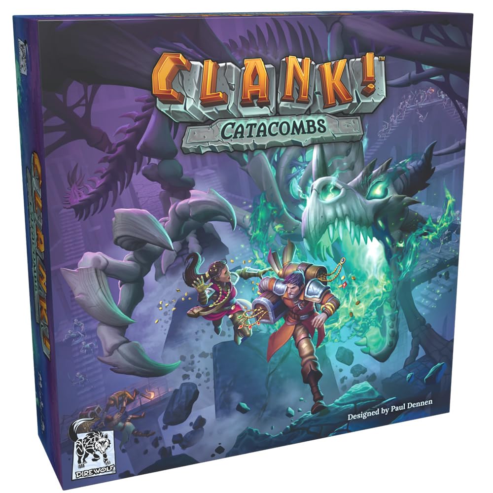 Dire Wolf Clank! Catacombs tile-placement shows modular dungeon setup for varied gameplay.