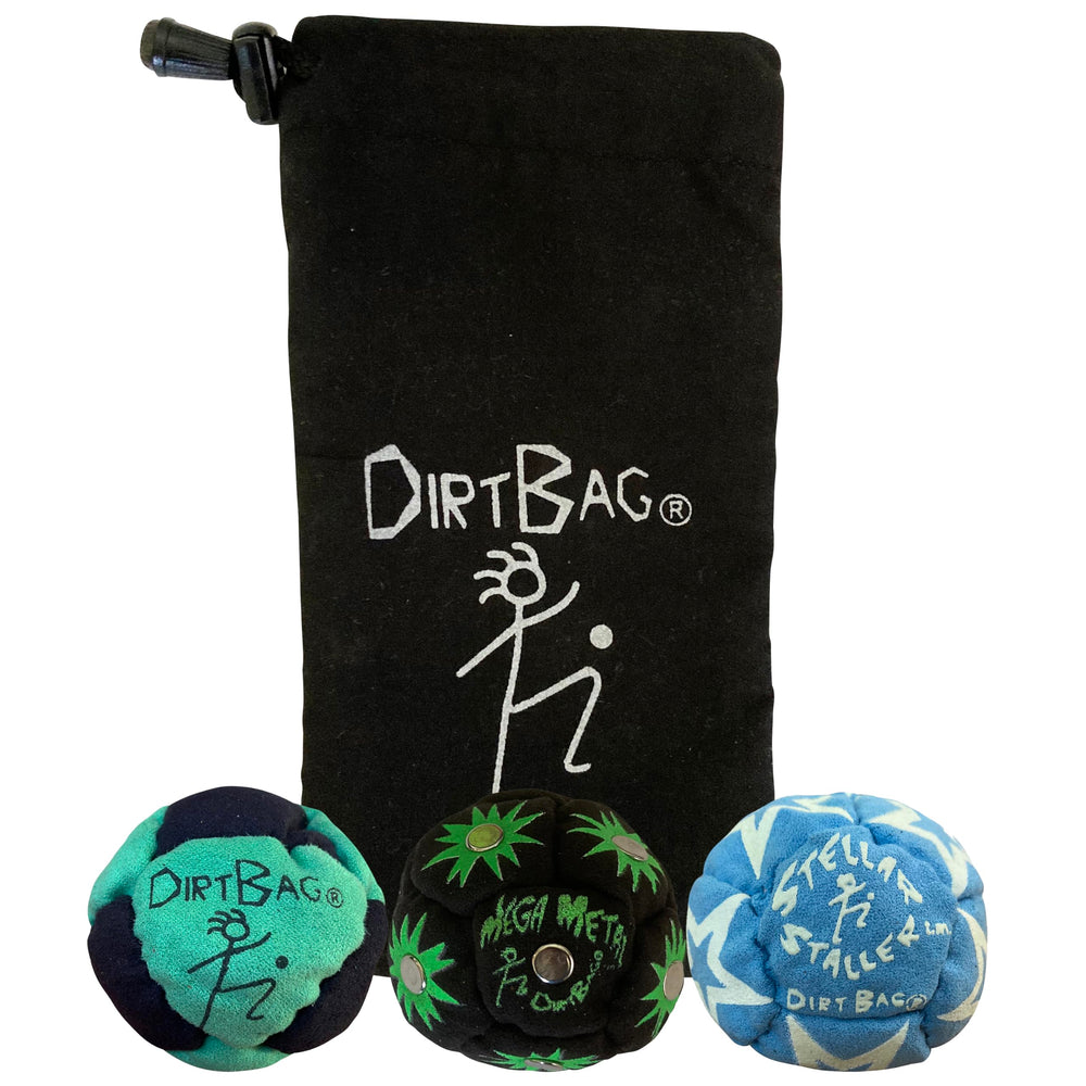 DIRTBAG All Star Footbag 3-pack with pouch in green and black for portable practice.