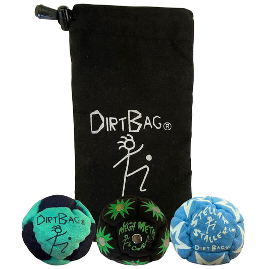 DIRTBAG All Star Footbag 3-pack with pouch in green and black for portable practice.