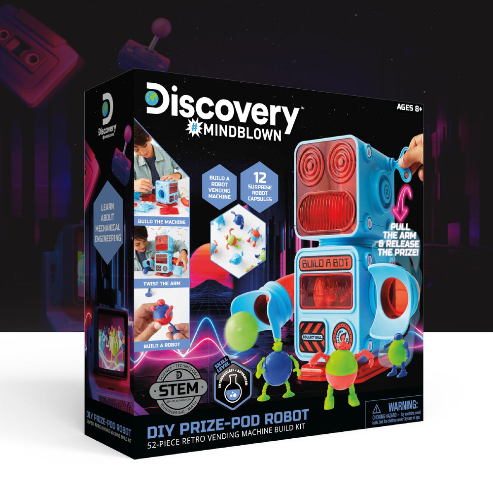 Discovery DIY Prize-Pod Robot Kit in-use with kids assembling and testing machines