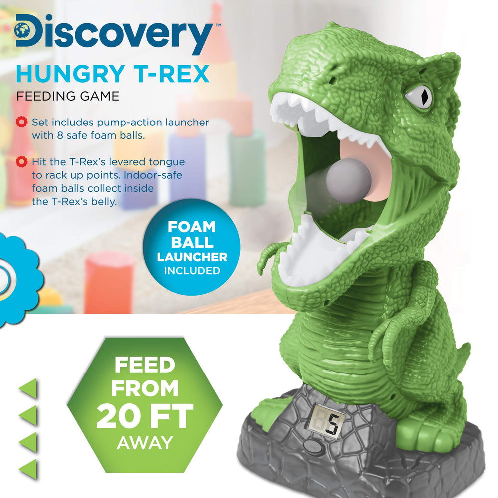 Discovery Hungry T-Rex feeding game air launcher in action demonstrates range.