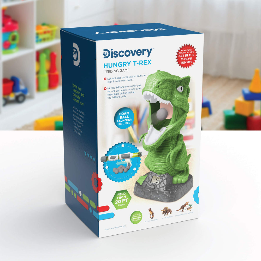Discovery Hungry T-Rex feeding game gift ready packaging for birthdays.