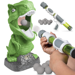 Discovery Hungry T-Rex feeding game shows the T-Rex mouth ready to score.