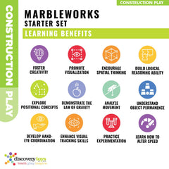 Discovery Toys MarbleWorks Marble Run Starter marble raceway emphasizes durable, safe construction for kids.