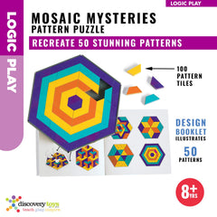 Discovery Toys Mosaic Mysteries color pieces in vibrant hues support pattern recognition.