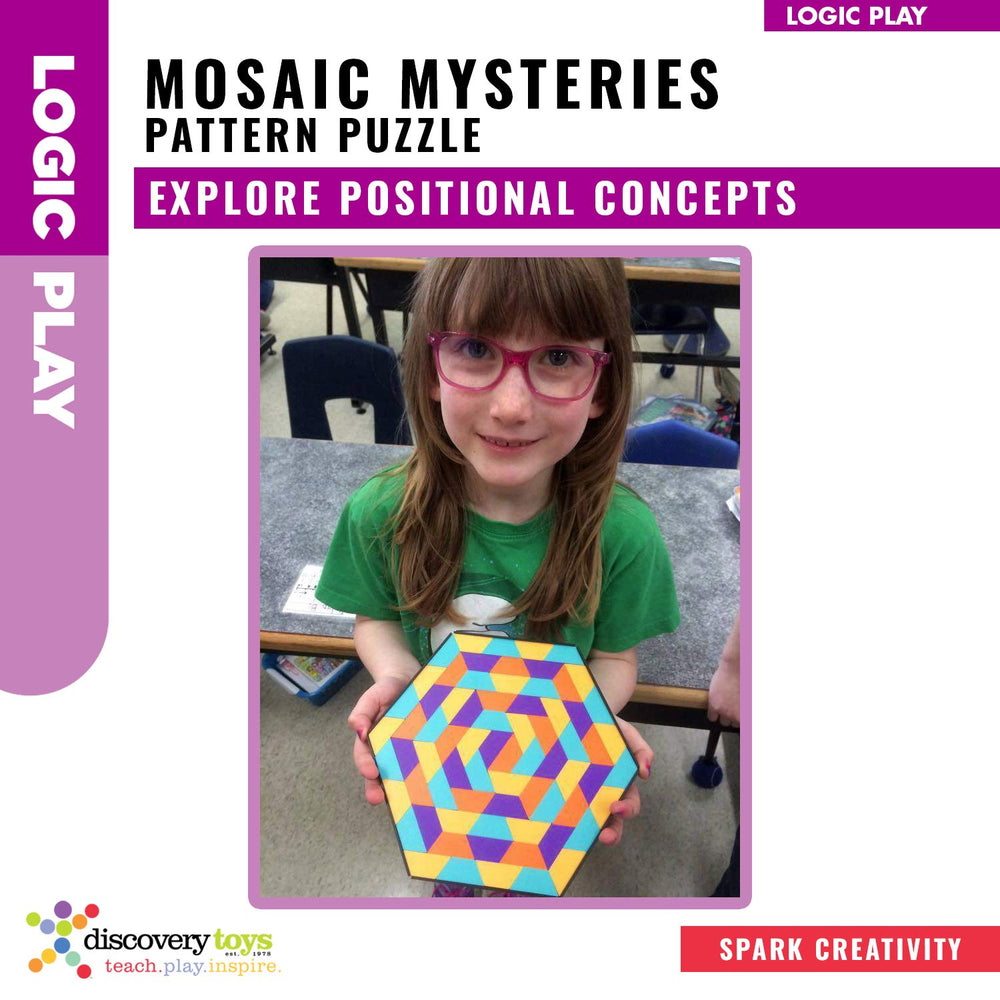 Discovery Toys Mosaic Mysteries kids engaged in hands-on problem solving.