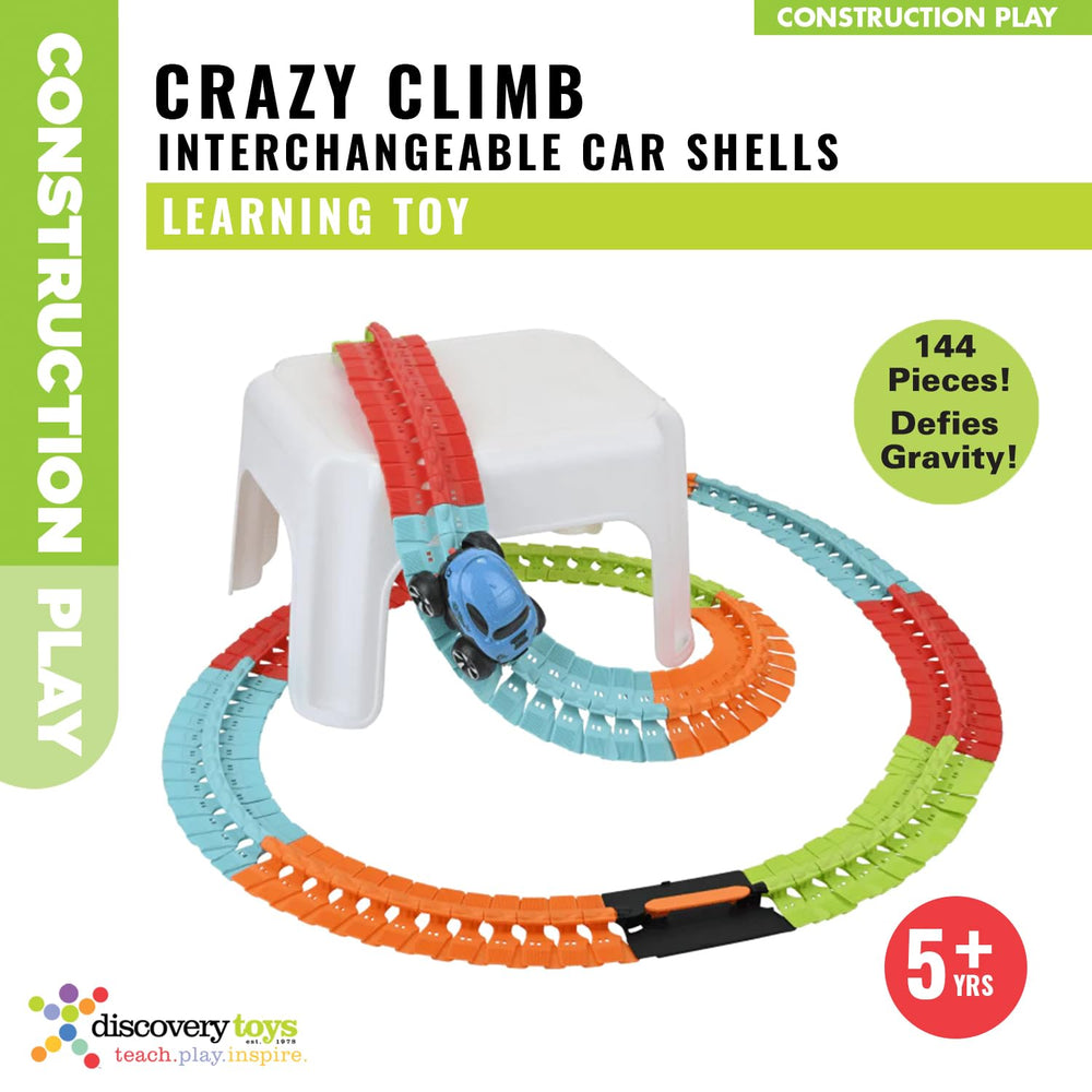 Discovery Toys track pieces snap together to form a personalized, colorful racetrack