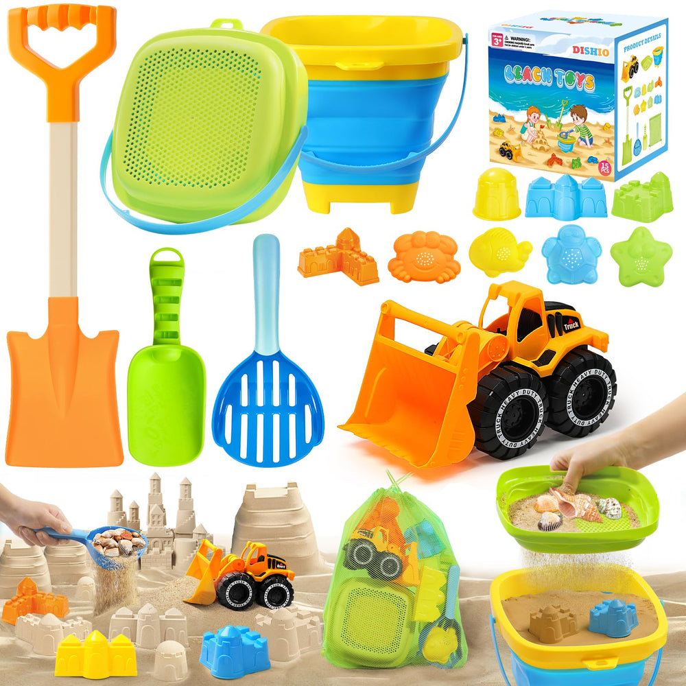 DISHIO collapsible bucket at the beach, perfect for easy storage after play.
