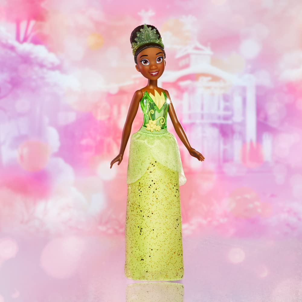 Disney Princess Royal Shimmer Tiana doll black hair complements classic movie style.