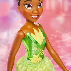 Disney Princess Royal Shimmer Tiana doll tiara detail enhances dress-up play.