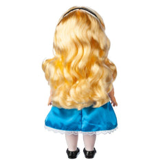 Disney Store Alice doll shows shimmering golden rooted hair—eye-catching detail valued by fans.