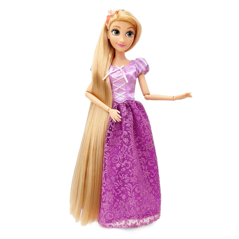 Disney Store Rapunzel doll featuring puff sleeves and lace-up bodice charm.