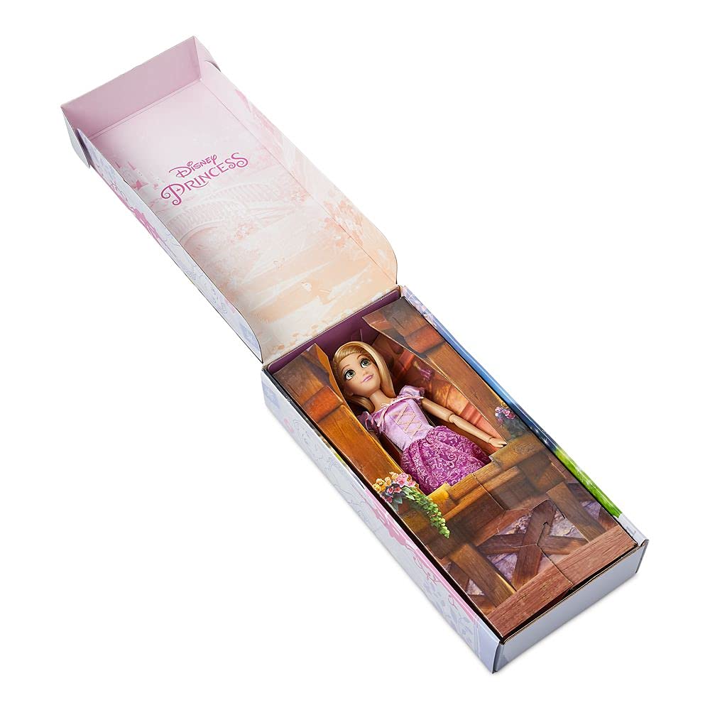 Disney Store Rapunzel doll with rooted hair and flower detail for sensory play.