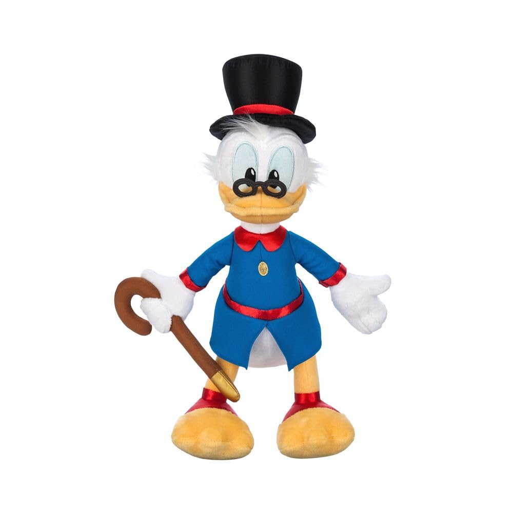 Disney Store Scrooge McDuck plush with a satin top hat, ideal for display and cuddling.