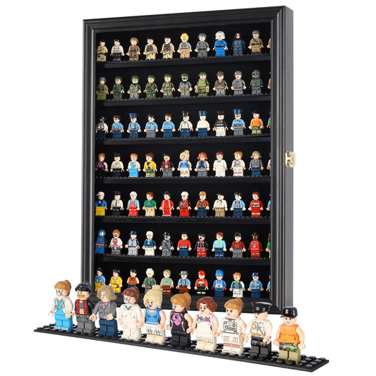 DisplayGifts minifigure display case with black finish frame for organized, dust-free showcasing.