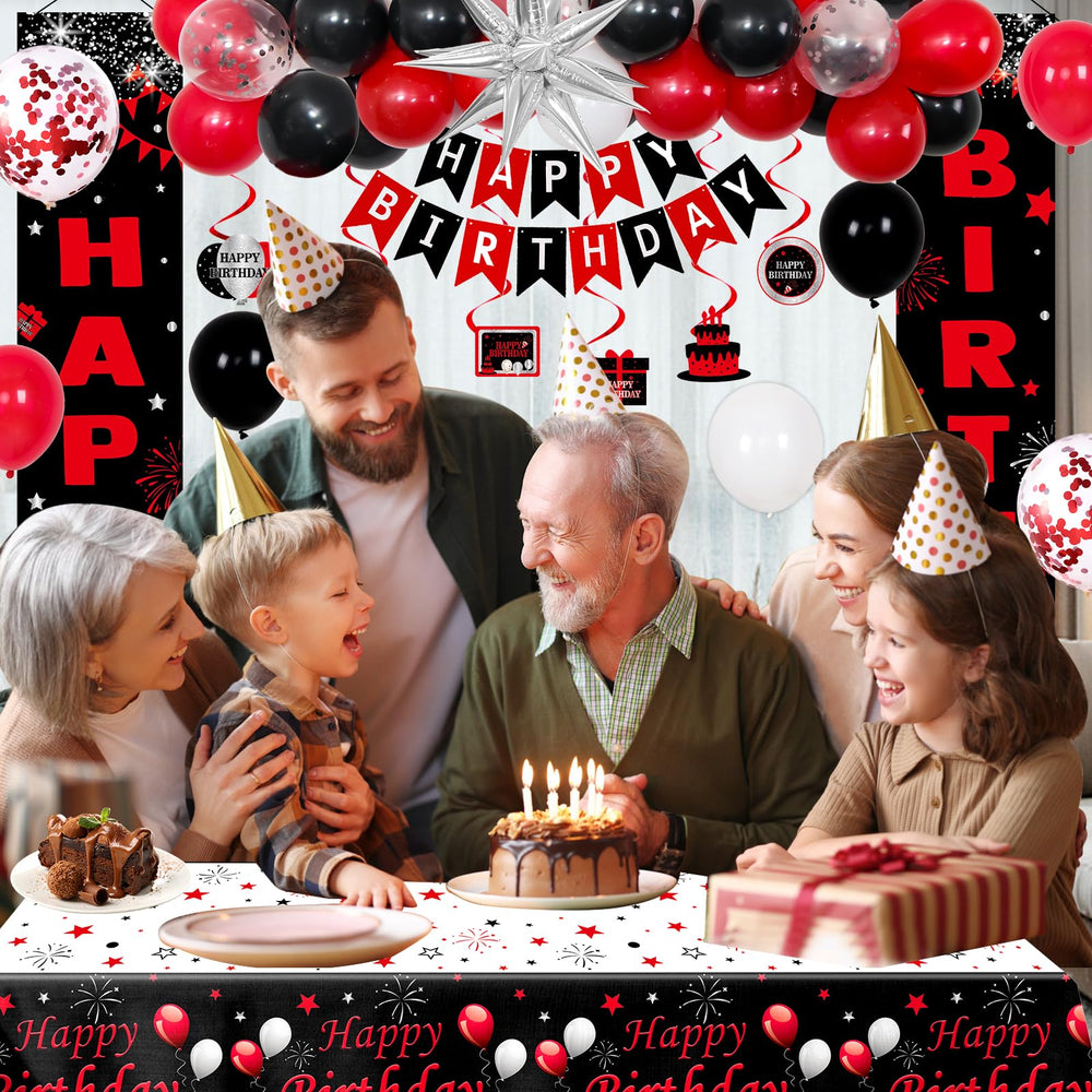 Distasio red black birthday door banner makes an eye-catching entrance.
