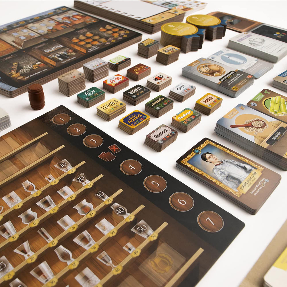 Distilled game play table illustrating tableau building and strategic planning.