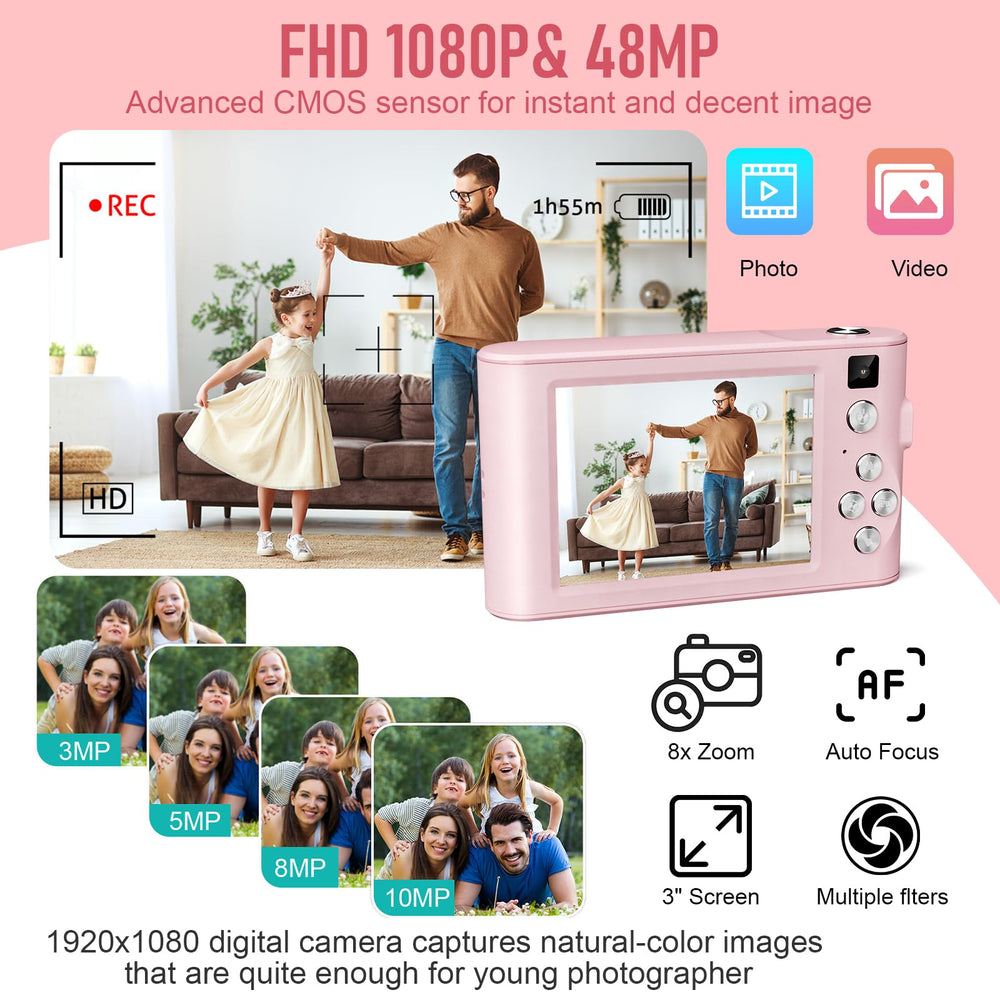 Diswoe Upgrade Kids Selfie Camera side view pink, compact travel buddy for kids
