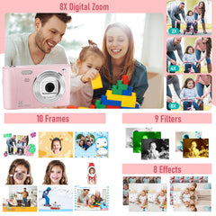 Diswoe Upgrade Kids Selfie Camera with SD card pink, ready to capture memories