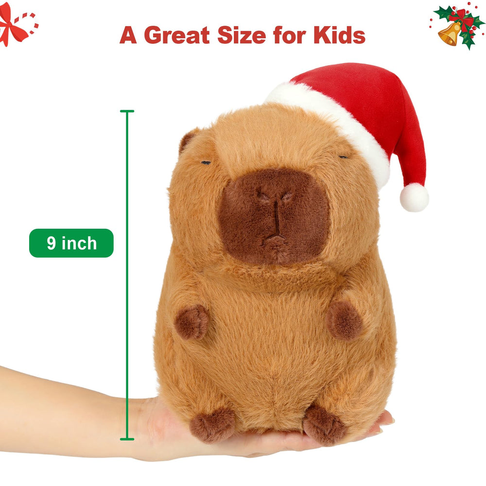 Ditucu capybara plush used as a car seating companion during holidays.