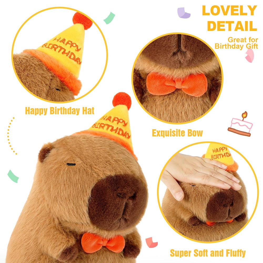 Ditucu capybara plush wearing birthday hat and bow