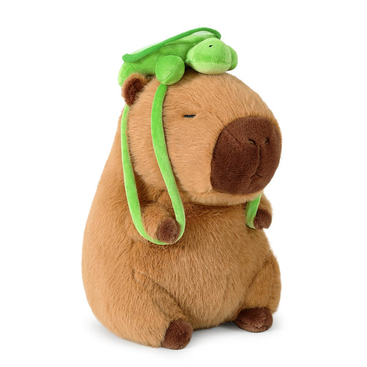 Ditucu capybara plush with turtle backpack, front view for cuddling and small-item storage.