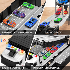 Diuerma transport truck with storage compartment keeps cars organized between games