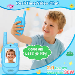 Divava blue video walkie talkie shown from side angle for kids
