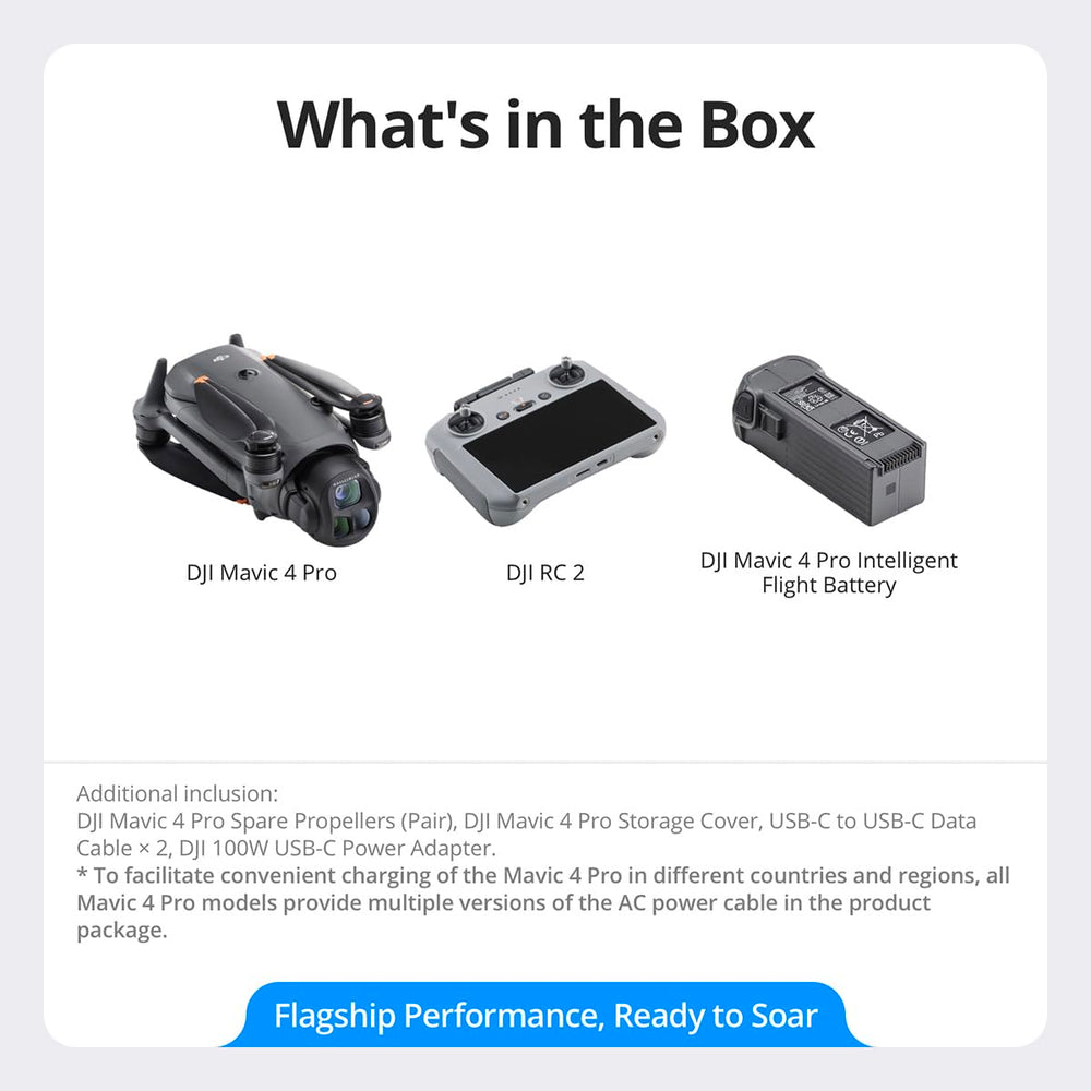 DJI Mavic 4 Pro includes extra batteries and a power adapter for longer sessions.