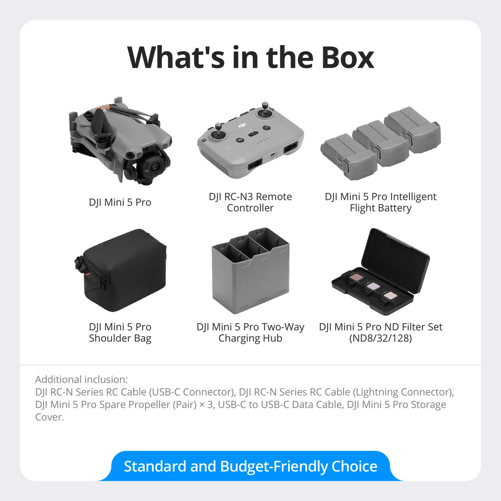 DJI Mini 5 Pro with RC-N3 remote and three batteries for extended shoots.