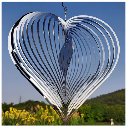 DJUAN silver heart wind spinner outdoors adds reflective motion to your garden.