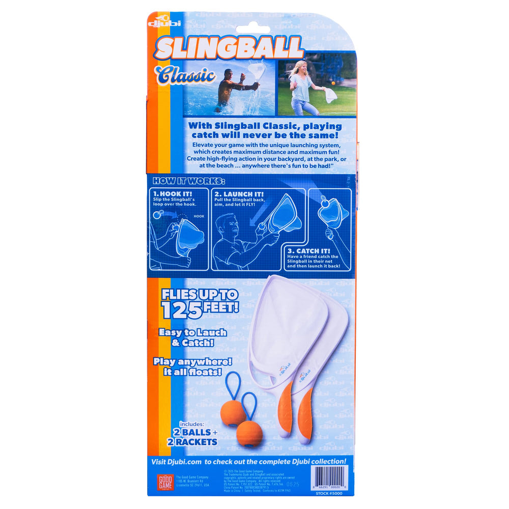 Djubi Slingball slingshot design enables long-range throws indoors or outdoors.
