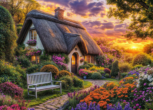 DKijoys Cottage Life 1000-piece puzzle featuring a cozy thatched cottage and vibrant garden for mindful focus.