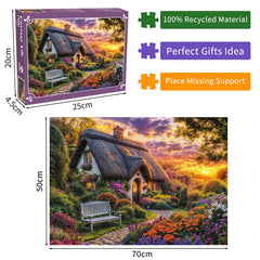 DKijoys Cottage Life 1000-piece puzzle box with premium recycled paper and sturdy cuts for durable play.
