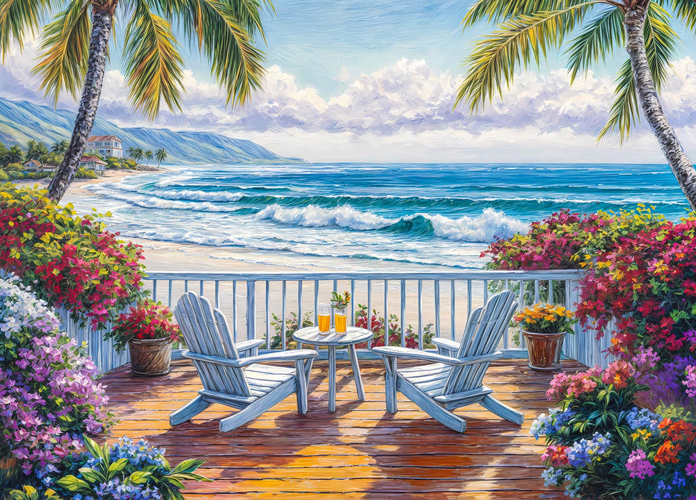 DKijoys seaside view puzzle deck with ocean and flowers inspires relaxing, mindful evenings.
