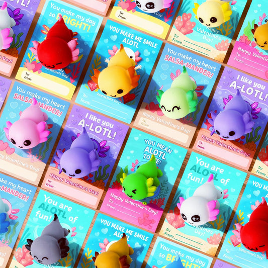 DKJOAZ axolotl mochi squishy front view for Valentine exchanges and play.